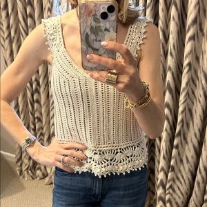 Autumn Cashmere Cream Crochet Tank with Lace Hem